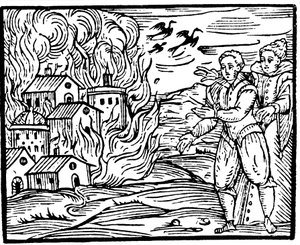 Brujas destruyendo una casa por fuego - Suabia, 1533