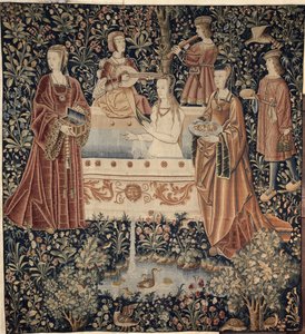 Mujer bañándose rodeada de asistentes, serie de tapices La Vie Seigneuriale, c. 1500 de Unbekannt