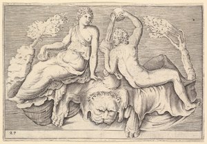 Mujer y hombre sentados en piel de león, hombre sirviendo vino, publicado ca. 1599-1622 de Unbekannt