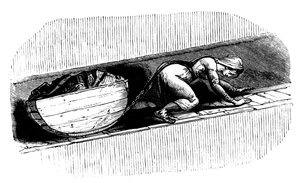 Mujer minera arrastrando un trineo de carbón a lo largo de una veta estrecha, Gales del Sur, c1848 de Unbekannt