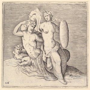 Mujer con escudo sentada en un monstruo marino, publicado ca. 1599-1622 de Unbekannt