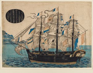 Impresión en madera - Barco de vela holandés, con bandera de VOC de Unbekannt