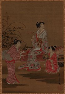 Joven mujer, con dos asistentes, sentada en un jardín, período Edo, 1615-1868 de Unbekannt