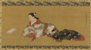 Yujo reclinada y leyendo una partitura musical, período Edo