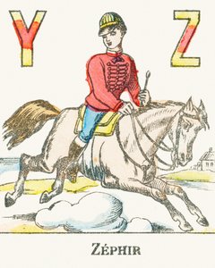 Z: Zéfiro, un jinete galopando en su caballo llamado Zéfiro - Alfabeto de Juegos, c.1890 (grabado) de Unbekannt