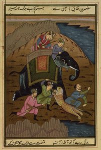 Emperador Akbar (1556-1608) en una cacería de tigres, del Akbarnama, Mughal, (texto ilustrado) de Unbekannt Unbekannt