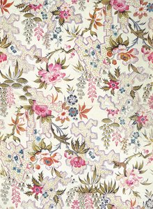 Diseño floral para material de seda con flores estilizadas y patrón de fondo de meandros llenos de pequeñas algas marinas por William Kilburn, c.1790