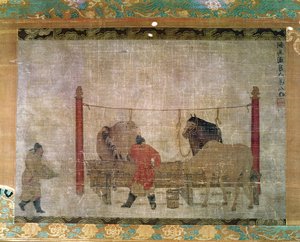 Colgante, que representa mozos alimentando caballos, tinta y acuarela sobre seda, atribuido a Jen Jen-Far, chino, siglo XIV de Unbekannt Unbekannt