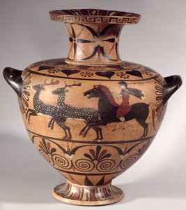 Hydria, escena de caza, griego arcaico, período etrusco-jonio de figuras negras, c.540-530 a.C. (cerámica) de Unbekannt Unbekannt