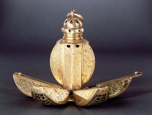 Pomander con cuatro compartimentos abiertos utilizados para contener perfumes u otras sustancias aromáticas, plata dorada, probablemente inglés c.1580 de Unbekannt Unbekannt