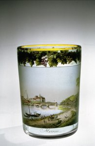 Vaso esmaltado con una vista de Meissen por Samuel Mohn, alemán, principios del siglo XIX
