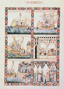 102-0625868/1 Viaje a Acre, ilustraciones de la Cantiga 172, una de las 420 composiciones musicales que narran los milagros de la Virgen, escrita en gallego para Alfonso X el Sabio (1221-84) (vitela) de Unbekannter Künstler