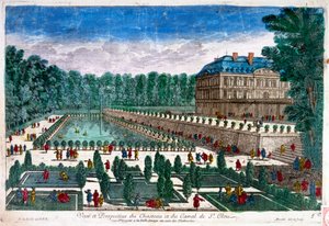Ilustración del siglo XVIII que muestra el castillo de Saint-Cloud, un palacio de Francia, en Saint-Cloud, en Hauts-de-Seine, al oeste de París. El castillo fue ampliado por Felipe de Francia, duque de Orleans, en el siglo XVII, y finalmente por María Anto de Unbekannter Künstler