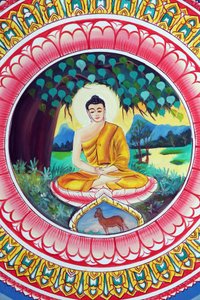 Templo budista Wat Inpeng. Pintura que representa la historia de la vida de Shakyamuni Buda. Buda sentado en la pose de meditación, Vientián, Laos de Unbekannt