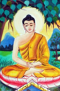 20151029, Vientiane, Laos: Templo budista Wat Inpeng. Pintura que representa la historia de la vida de Buda Shakyamuni. Buda sentado en la pose de meditación de Unbekannt