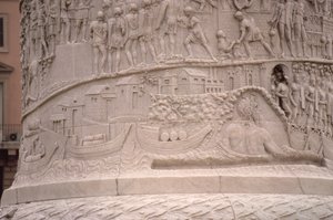 Un puerto romano y la construcción de un campamento romano, de la Columna de Trajano, siglo II d.C. (piedra tallada) (detalle)