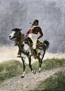 Un valiente comanche, viajando a caballo por las praderas del sur (Texas, Oklahoma, EE.UU.), hacia 1800. Litografía de Unbekannter Künstler