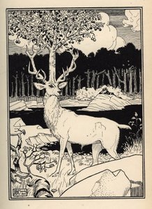 Un cerezo en la cabeza de un ciervo tocado por las piedras de cerezas lanzadas por el Barón de Munchausen. Ilustración de William Strang (1859-1921) y JB Clark de Las aventuras del Barón de Munchausen (Munchhausen) de Rudolf Erich Raspe (1736-1794) de Unbekannt