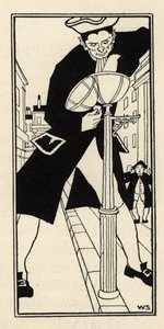 Un gigante, traído por el Barón de Munchausen desde la Isla del Queso en Inglaterra, enciende las luces de la calle sin escalera. Ilustración de William Strang (1859-1921) y JB Clark de Las aventuras del Barón de Munchausen (Munchhausen) de Rudolf Erich Ra de Unbekannt