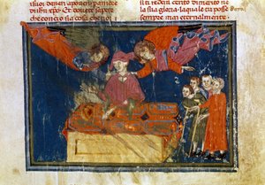 Un grupo de enfermos y un señor haciendo una obra de misericordia al prestarles asistencia. Miniatura extraída de "Las obras de Merciord" (ms. II, VI de Unbekannter Künstler