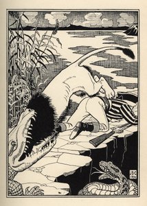 Un león que quería atacar al Barón de Munchausen terminó con un cocodrilo. Ilustración de William Strang (1859-1921) y JB Clark del libro Las aventuras del Barón de Munchausen, de Rudolf Erich Raspe (1736-1794) (1789)