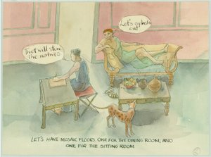 Ilustración de reconstrucción que muestra a dos personajes en su villa recién construida y considerando la posibilidad de añadir un suelo de mosaico, en el libro Marcus and Julia