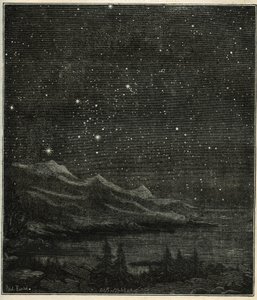 Una noche estrellada perfecta para observar el cielo. Grabado de "Les étoiles et les autres curiosites du ciel" de Camille Flammarion de Unbekannter Künstler