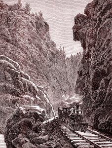 Un tren cruzando las montañas de Colorado. EE.UU. en 1886 (grabado) de Unbekannter Künstler