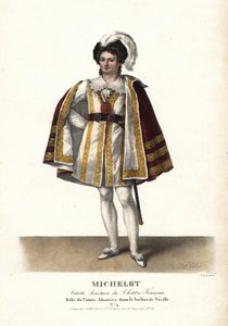 El actor Pierre Marie Nicolas Michelot como el Conde Almaviva en Le Barbier de Seville de Pierre Beaumarchais, Teatro Francés. Litografía coloreada a mano por F. Noel a partir de una ilustración de Alexandre-Marie Colin de Portraits d