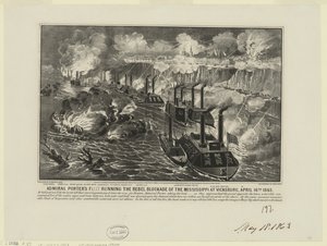 La flota del almirante David Dixon Porter rompiendo el bloqueo rebelde en el Mississippi en Vicksburg, 16 de abril