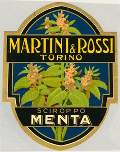 Etiqueta publicitaria para jarabe de menta Martini e Rossi