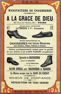 Publicidad para la Manufacture de chaussures "A la grace de dieu" en Tours. Grabado en "ABC Les Images en Alphabet". Imágenes de Epinal. Pellerin y Cie, impresor-editor, Epinal, finales del siglo XIX, circa 1890. 10 páginas. Dim: 19.5 x 13.5 cm de Unbekannt