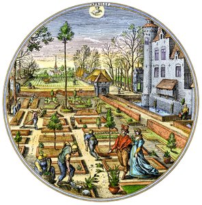 Agricultura: Jardinería en un huerto europeo al comienzo de la primavera hacia 1590 Grabado en color del siglo XVI