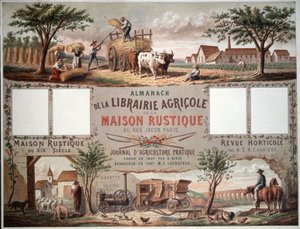 Almanaque que ilustra los métodos agrícolas tradicionales y modernos. c.1870-80 (litografía en color)