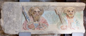 Retablo. piedra policromada. Segunda mitad del siglo XIV. Origen antigua iglesia parroquial de Torre de Rialb. (detalle) Registro inferior. Panel izquierdo. Los evangelistas Pablo y Pedro. de Unbekannt