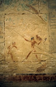 Antiguo Egipto: Saqqarah (o Saqqara o Sakkarah): necrópolis del Antiguo Imperio, tumba de nobles. Detalle de los relieves que representan una escena de pesca.