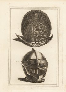 Antiguo casco morrión veneciano ornamentado con trofeos militares, y un casco burgonet con visera y babera unificadas de la Torre de Londres de Unbekannt