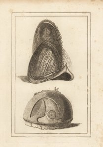 Antiguo casco morrión veneciano ornamentado con trofeos militares, y un antiguo casco romano encontrado en Cannae de Unbekannt