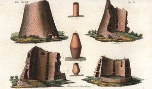 Antiguos monumentos vikingos de una provincia alemana cercana a Escandinavia, y algunas urnas extraídas de tumbas danesas y suecas. Grabado en cobre coloreado a mano de Giarre y Stanghi de la obra de Giulio Ferrario Trajes antiguos y modernos de los pueblo de Unbekannter Künstler