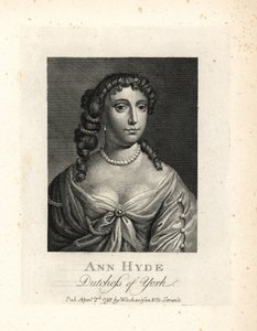 Anne Hyde (1637-1671), duquesa de York y de Albany, primera esposa del rey Jacobo II de Inglaterra. Grabado al cobre sobre un retrato de Sir Peter Lely, de la obra de William Richard Portraits Illustrating Granger