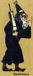 Boticario con un clíster. Alfabeto ilustrado. Imageries reunidas en Jarville-Nancy, principios del siglo XX. Dim: 40 x 29 cm. Litografía sobre fondo bistre