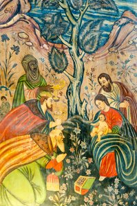 Iglesia Apostólica Armenia; Mural; Adoración de los Magos; Jesucristo; María y José; los Tres Reyes Magos dan regalos; Iglesia de Belén o Iglesia Bedkhem; distrito de Julfa o Jolfa; Isfahan; Irán; Asia