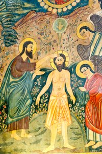 Iglesia Apostólica Armenia; Mural; Bautismo de Jesucristo por Juan el Bautista en el Jordán; Iglesia de Belén o Iglesia Bedkhem; distrito de Julfa o Jolfa; Isfahan; Irán; Asia