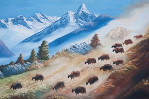 Arte; pintura de un rebaño de yaks bajo la montaña Ama Dablam; vida rural; galería en Katmandú; Nepal; Asia de Unbekannt
