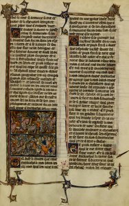 Leyenda artúrica (búsqueda del Santo Grial) : Benoic persigue al sajón y la batalla de Danablaise son dos iluminaciones extraídas del manuscrito Historia de Merlín, datado del siglo XIII entre 1280-1290