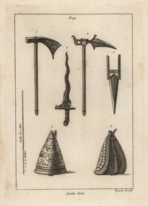 Armas asiáticas: hacha de batalla 1, daga 2, hacha de batalla Rohilla 3, cresse o kris indio 3, y frasco de pólvora oriental 5,6