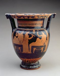 Cáliz-krater de figuras rojas ático con una escena de simposio de un flautista entre dos hombres reclinados, griego, c.420 a.C. (cerámica) de Unbekannt
