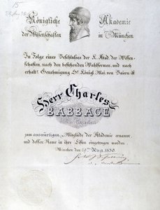 Diploma honorario de Babbage otorgado a Charles Babbage de Unbekannt