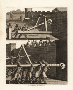 Ariete y dos tipos de barrenas para perforar paredes en la parte superior, y dos arietes abajo, uno sostenido por un triángulo y el otro llevado sobre los hombros de los soldados de Unbekannt