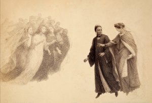 Beatrice, en el firmamento del Paraíso, indica a Dante un grupo de almas. Ilustración del Canto III del Paradiso de La Divina Comedia de Dante Alighieri. Obra de Franceso Scaramuzza dedicada al Ayuntamiento de Florencia.